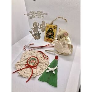 VTG Christmas Ornament Lot- Felt Mouse, Glass Candy Cane, Needlepoint, Metal
